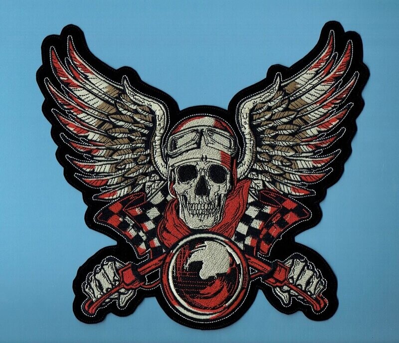 Patch/Écusson Broderie à Coudre - Un Motard Biker avec son Ange plein Phare, Maintien Bien son Guidon, sur Fond rouge/Gris/Noir, Dimension 28 x 26 cm Patch/Écusson Broderie à Coudre - Un Motard Biker avec son Ange plein Phare, Maintien Bien son Guidon, sur Fond rouge/Gris/Noir, Dimension 28 x 26 cm