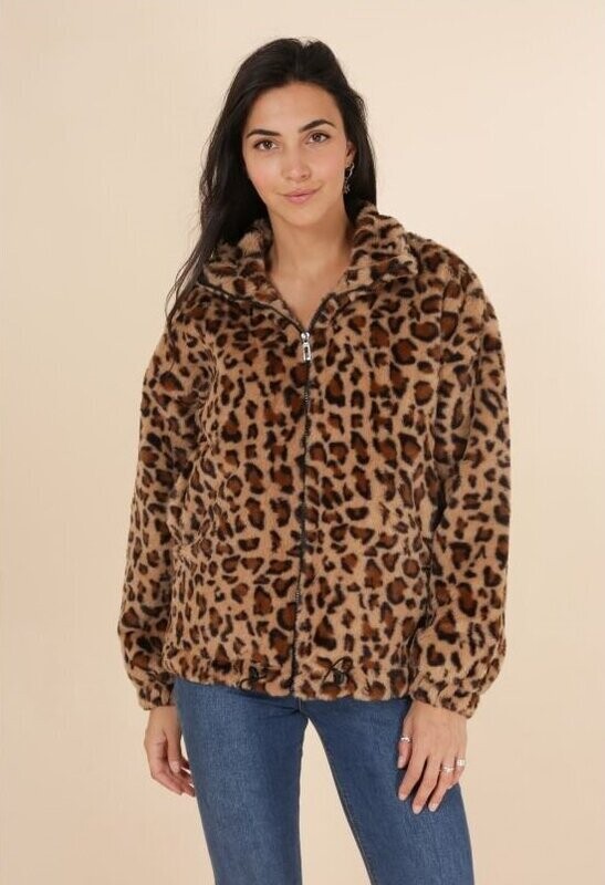 Manteau Court avec Col Large - Marron Léopard - Fausse Fourrure - Zippée