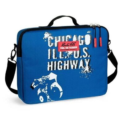 Sac Bandoulière "Chicago & Route 66" Sur Fond Bleu - pour Ordi-Portable, Tablette, Document - Dimension : 38x30x6  cm