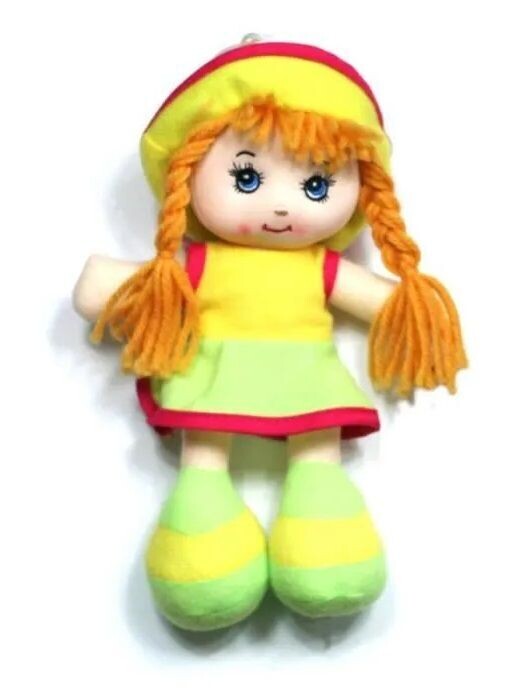 La Poupée Chiffon de Multiple Couleur Comme ; Orange, Jaune, vert avec sa Chevelure Blonde et ses deux coite - Hauteur 20 cm