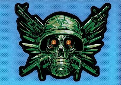Patch/Écusson Broderie à Coudre  - Un Crâne, Son Casque et son Masque à Gaz, ses Armes "Je suis Prêt"Sur Fond Vert Vif, Dimension 33  x 28 cm