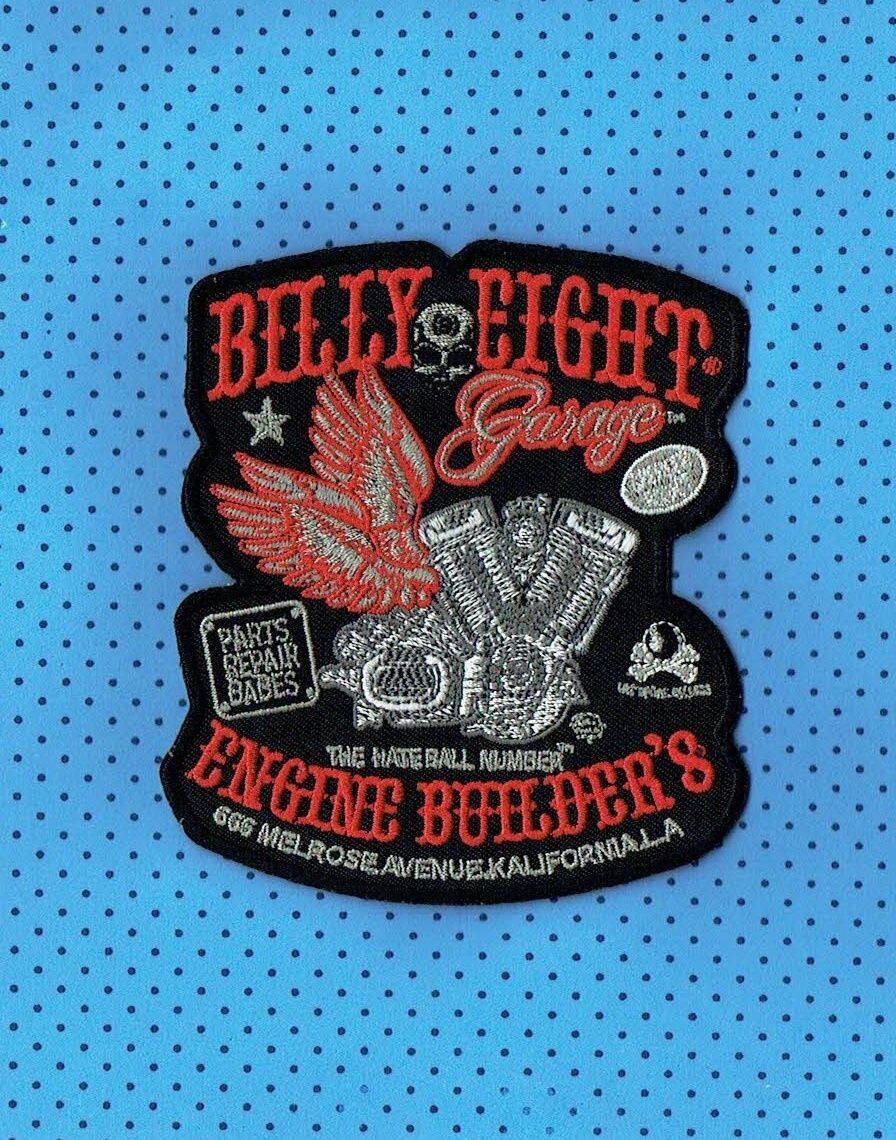 Patch/Écusson Broderie à Coudre - Billy Eight "Garage Engine Moteur Paire d'Ailes" et "Engine Bullder's", Dimension 11.5 x 10 cm