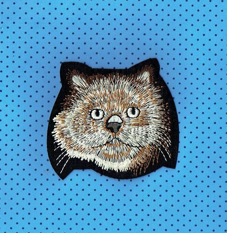 Patch/Écusson Broderie à Coudre - Un Portrait d'un Chaton de Couleur Marron/Jaune avec un Contour Noir, Dimension 8.8 x 7.8 cm