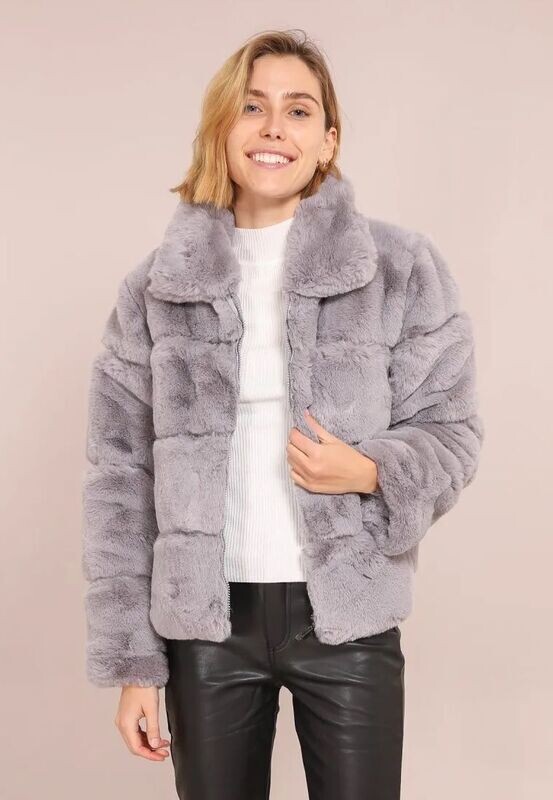 Manteau Court avec Col Large - Fausse Fourrure Gris Claire - Fermeture Zippée