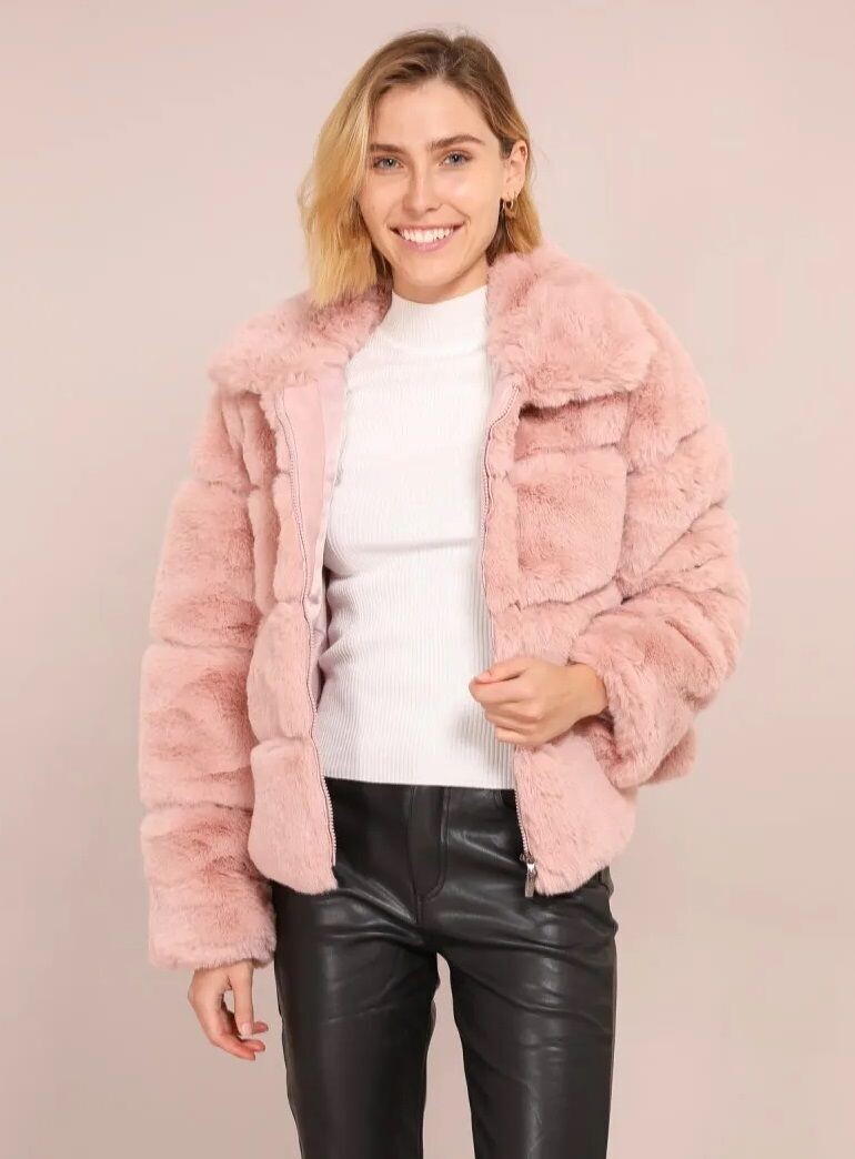 Manteau Court avec Col Large - Fausse Fourrure Rose - Fermeture Zippée