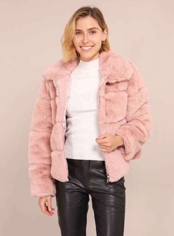Manteau Court avec Col Large - Fausse Fourrure Rose - Fermeture Zippée