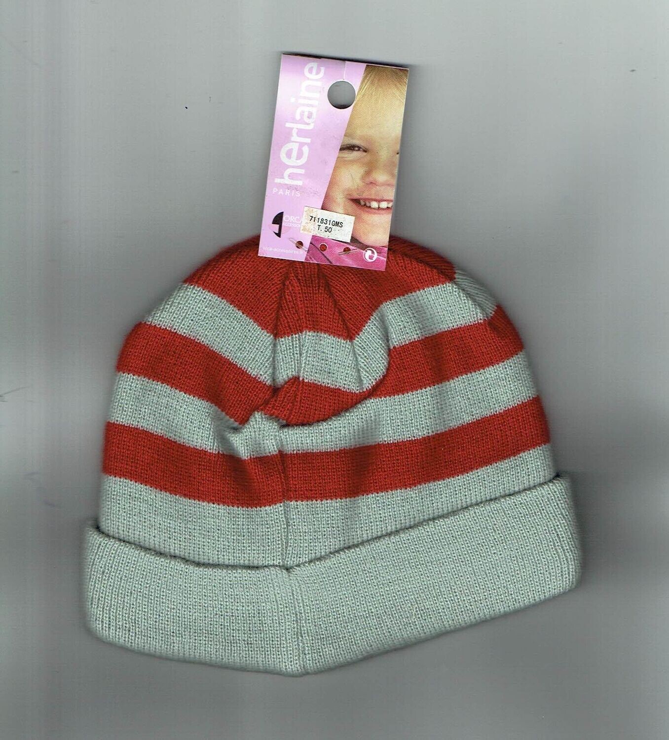 Bonnet Enfant Blanc T50- Gris Rayure Rouge