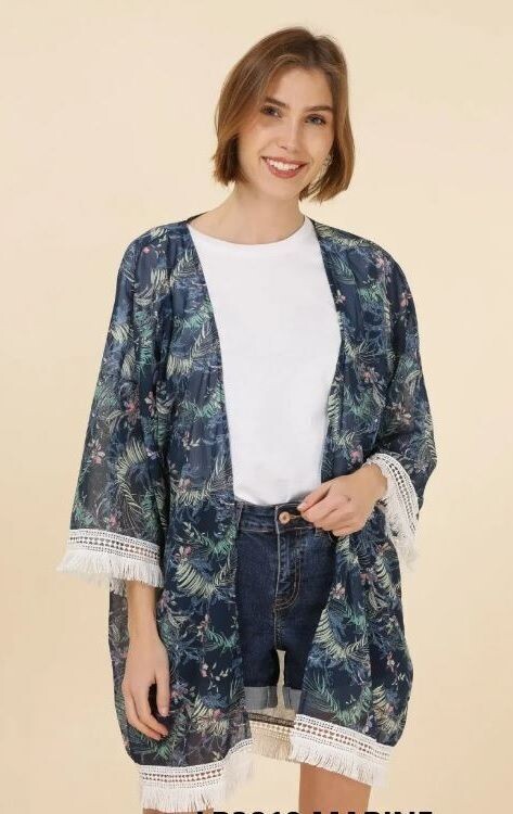 Tunique Bleu - Imprimé Feuilles et Dentelles - 100% Viscose