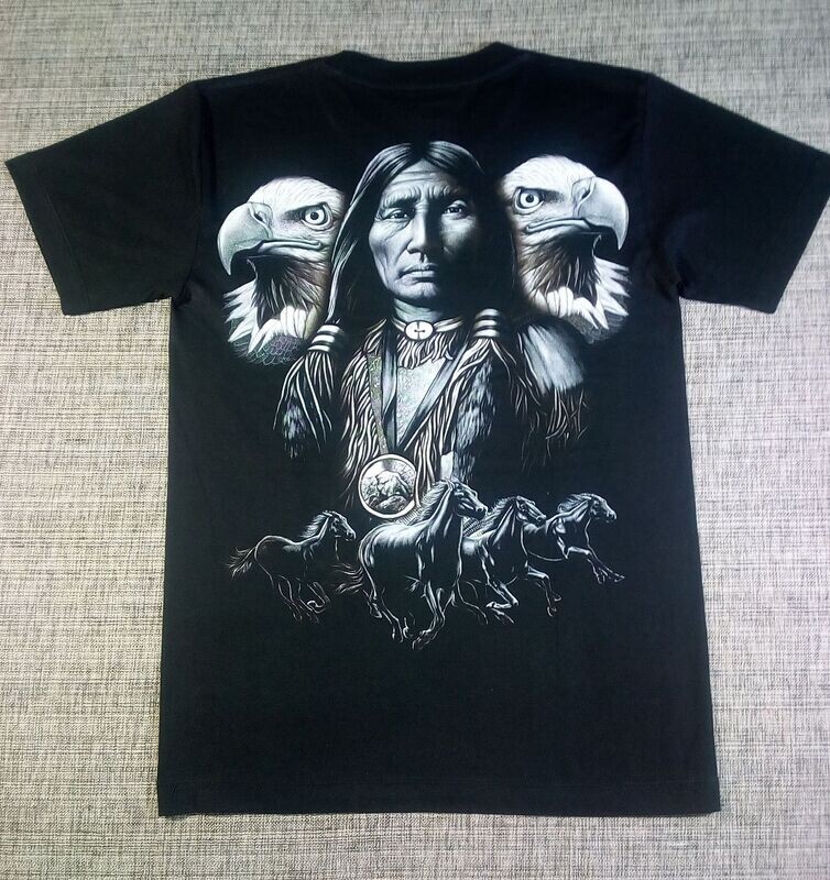 T-Shirt -  S -  Portrait Chef Indien & 2 Portrait d'Eagle  & 4 Chevaux en Gris/Noir