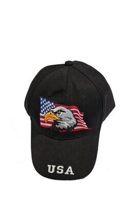 Une Casquette Noir avec une Broderie "Portrait d'Aigle et Drapeau Américain"et sur sa Visière Noire Bombée Broderie "U S A"