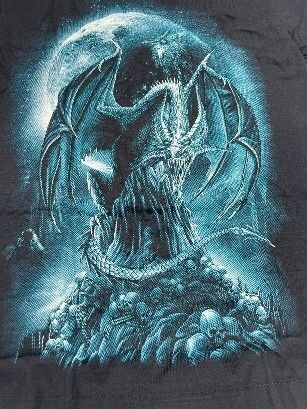 T-Shirt - M - Dragon Bleu sur une Montagne, en bas multiple Crânes et Squelettes sur Fond Bleu Nuit