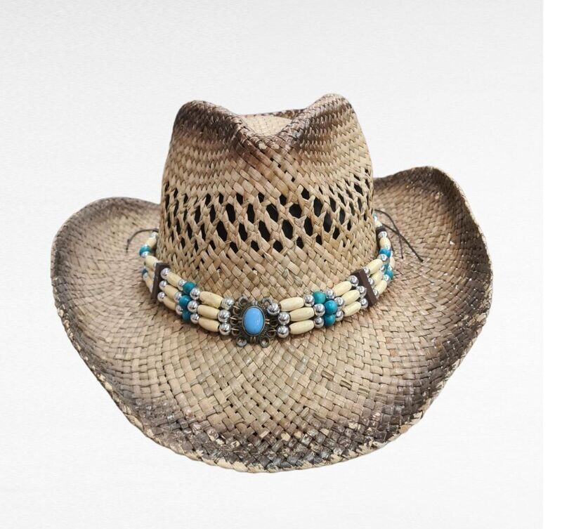 Chapeau Cow-Boy avec Médaillon & Pierre sur Corde de Serrage - 100% Papier - Marron Crème