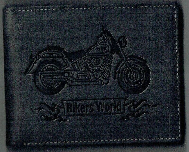 Porte-Feuille 149 Imprimé "Moto Bikers World" - Cuir de Vachette - Noir Vieilli - RFID Horizontal