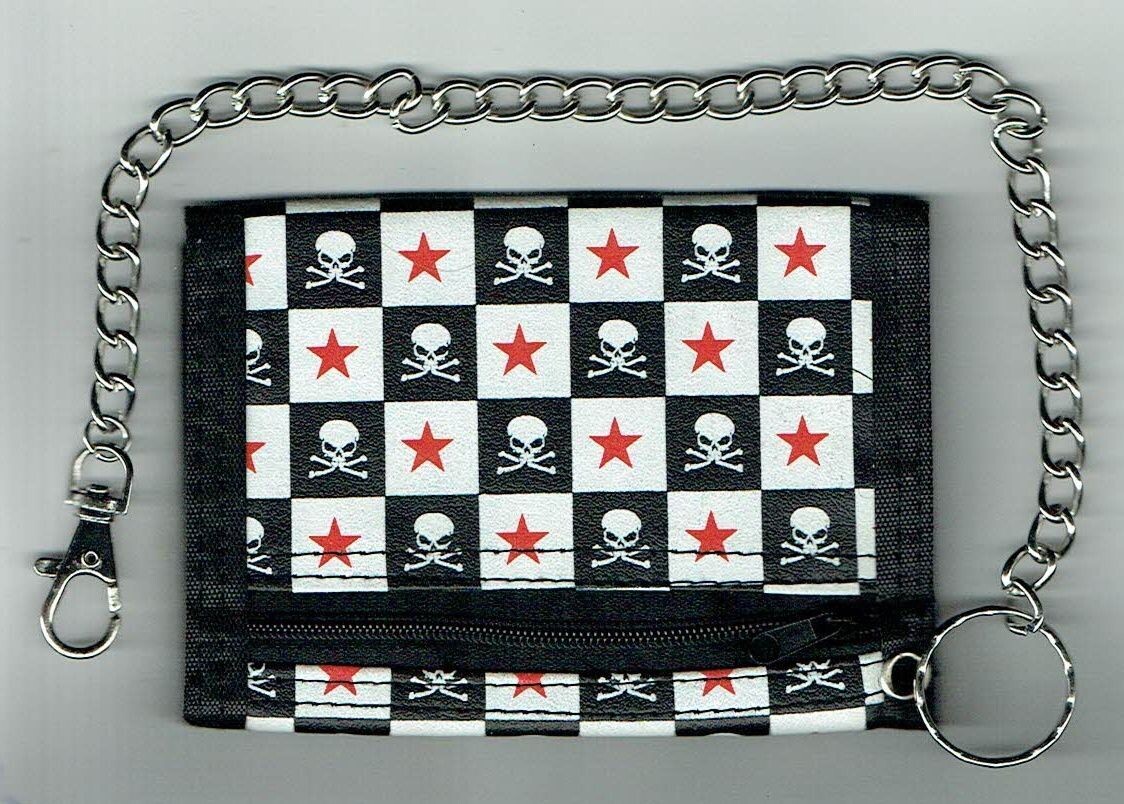 Porte Feuille Crânes Étoiles Sur Damier Noir Blanc -Synthétique- 8x12x1.5 cm