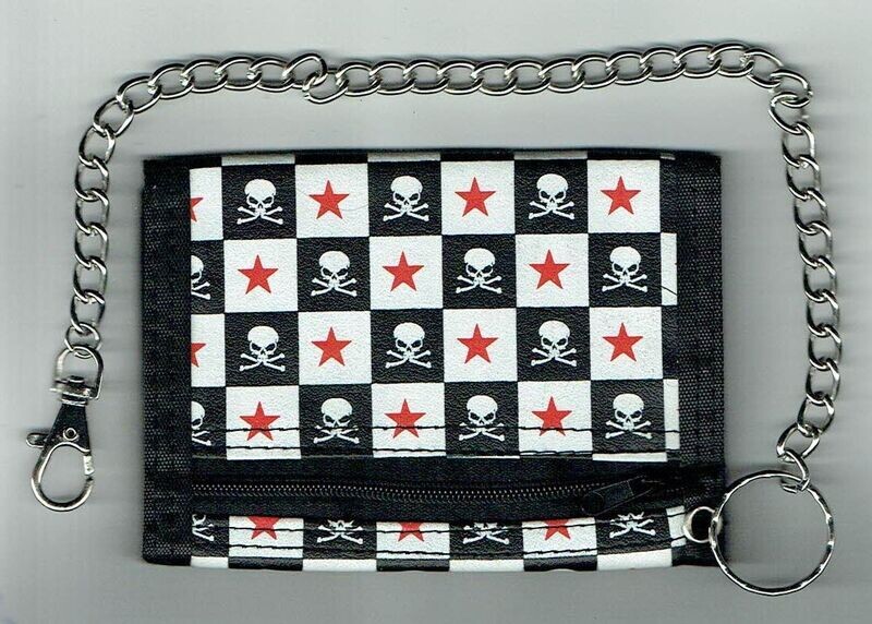 Porte Feuille Crânes Étoiles Sur Damier Noir Blanc -Synthétique- 8x12x1.5 cm