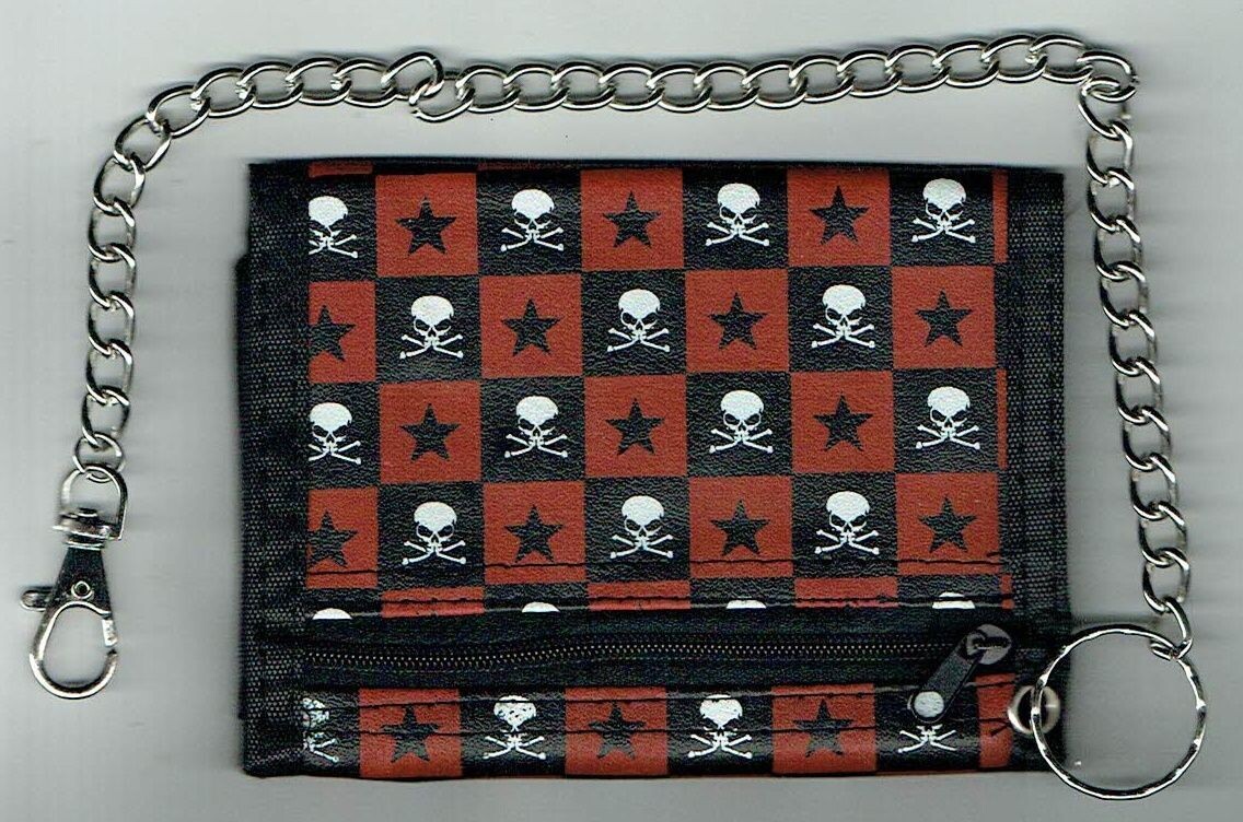 Porte Feuille Crânes Étoiles Sur Damier Noir Rouge -Synthétique- 8x12x1.5 cm
