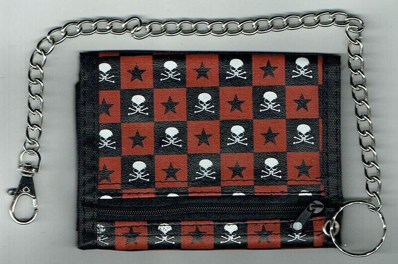 Porte Feuille Crânes Étoiles Sur Damier Noir Rouge -Synthétique- 8x12x1.5 cm