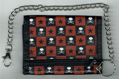 Porte Feuille Crânes Étoiles Sur Damier Noir Rouge -Synthétique- 8x12x1.5 cm