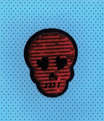 Patch/Écusson Broderie - Un Crâne Cré en Paillettes de Couleur Rouge Argenté - 10 x 7.5 cm