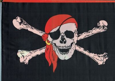 Drapeaux de Pirate où Biker Composé "Crâne, Bandanas Rouge, Bandeau Œil, & 2 Os sur Fond Noir - Pour un Format = 140 x 90 cm