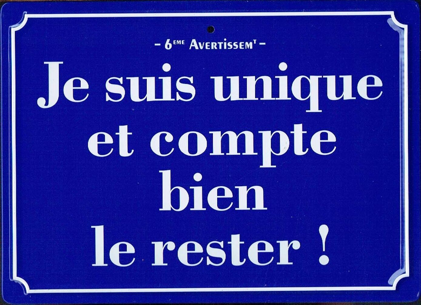 Plaque Imprimée "Je suis Unique et Compte bien le Rester" - Sur Fond Bleu - 125 x 175 mm