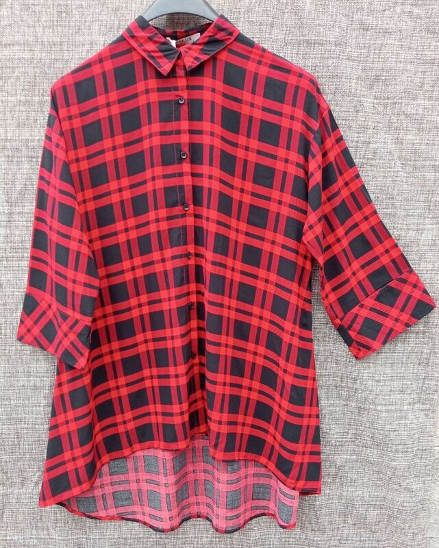 Chemisier Grande Taille en Trapèze - Imprimé Carré Rouge/Noir - Taille XL - 100% Viscose