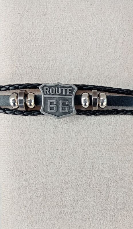 Bracelet "Bouclier Route 66" - Riveté sur Bande Cuir 5 mm & 2 Ficelles Cuir Tressé 2 mm - Gris/Noir