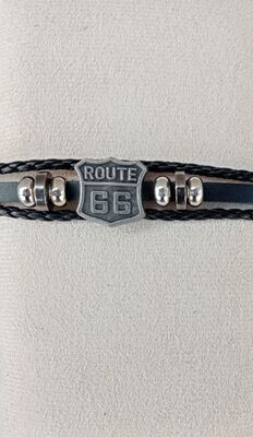 Bracelet "Bouclier Route 66" - Riveté sur Bande Cuir 5 mm & 2 Ficelles Cuir Tressé 2 mm - Gris/Noir