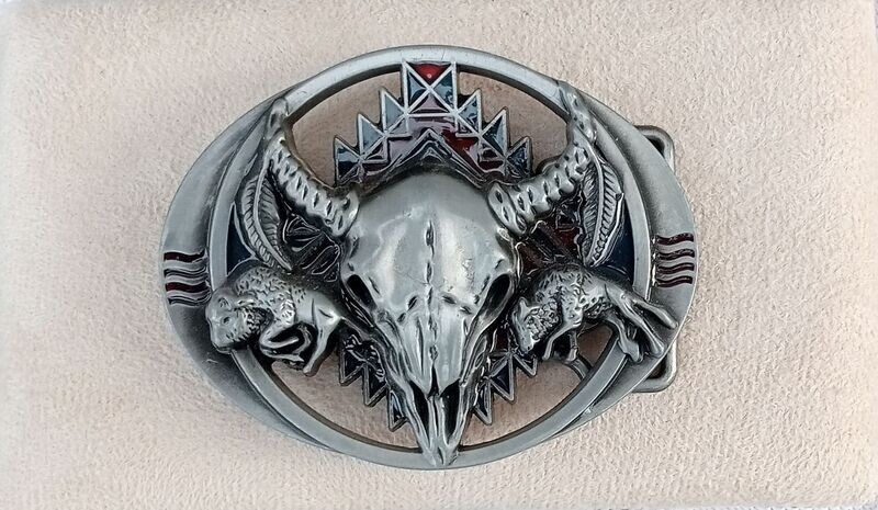 Boucle de Ceinture - Design "Crâne Bison & 2 Bisons" - Pour 4 cm de Large