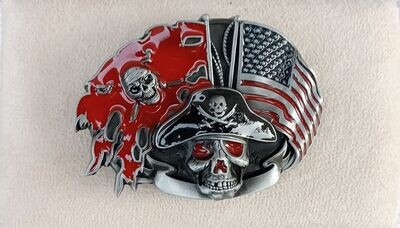 Boucle de Ceinture - Design "Crâne Pirate Yeux Rouge 2 Drapeaux USA & Rouge" - Pour 4 cm de Large