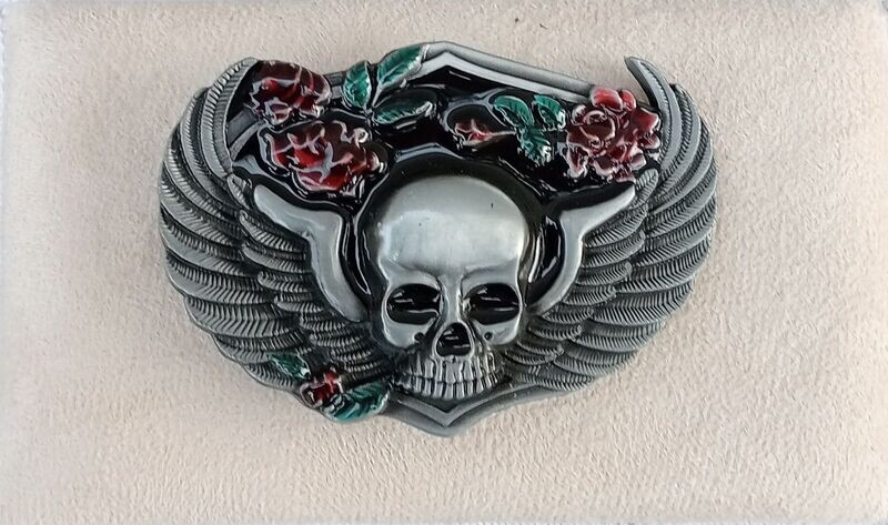 Boucle de Ceinture - Design "Paire D'Aile avec Crâne & Roses Rouge -Gris Noir" - Pour 4 cm de Large