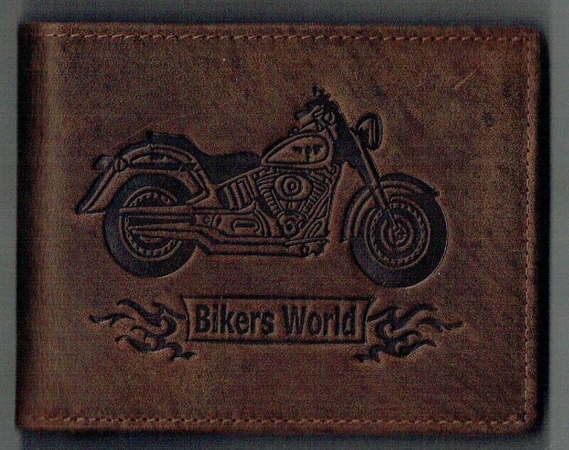 Porte-Feuille 149 Imprimé "Moto Bikers World" - Cuir de Vachette - Camel Vieilli - Système RFID Horizontal