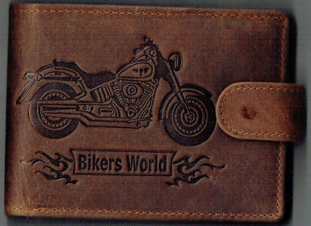 Porte-Feuille 156 Imprimé "Moto Bikers World" - Cuir de Vachette - Camel Vieillie - RFID Horizontal