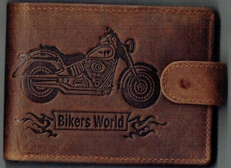 Porte-Feuille 156 Imprimé "Moto Biker World", De Couleur Camel Vieilli, Cuir de Vachette Système RFID Anti-Transfère CB, Horizontal