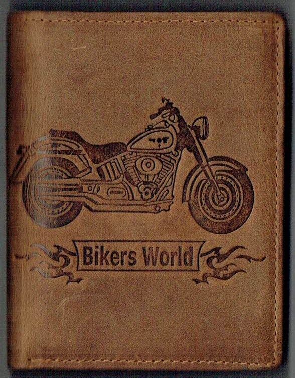 Porte-Feuille 120 Imprimé "Moto Bikers World" - Cuir de Vachette - Camel Vieilli - Système RFID Vertical