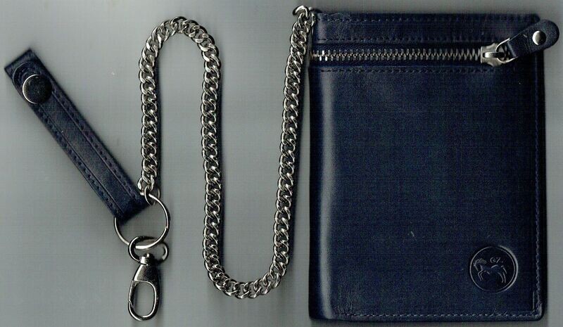 Porte-Feuille 708 "Avec Chaîne de Ceinture 35 cm", De Couleur Bleu, Cuir de Vachette - Système RFID Anti-Transfère CB, Vertical