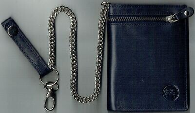 Porte-Feuille 708 "Avec Chaîne de Ceinture 35 cm", De Couleur Bleu, Cuir de Vachette - Système RFID Anti-Transfère CB, Vertical