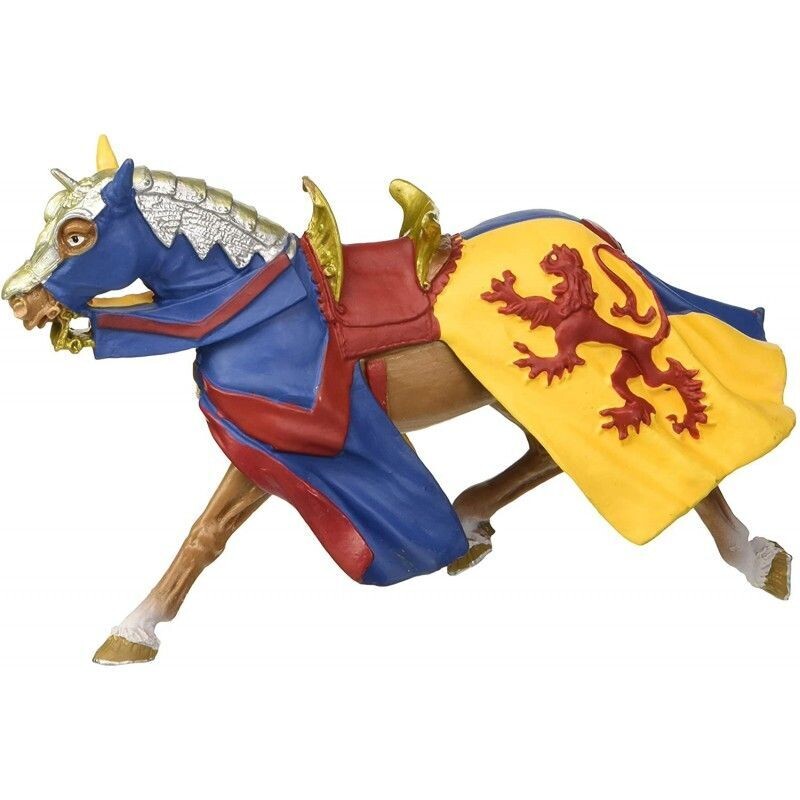 Figurine Plastoy -  Le Cheval Gris avec sa Robe Bleu/Jaune Selle Rouge/Or & au Couleur Lion Rouge  - Haut de 8 cm
