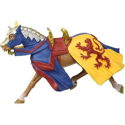 Figurine Plastoy -  Le Cheval Gris avec sa Robe Bleu/Jaune Selle Rouge/Or & au Couleur Lion Rouge  - Haut de 8 cm