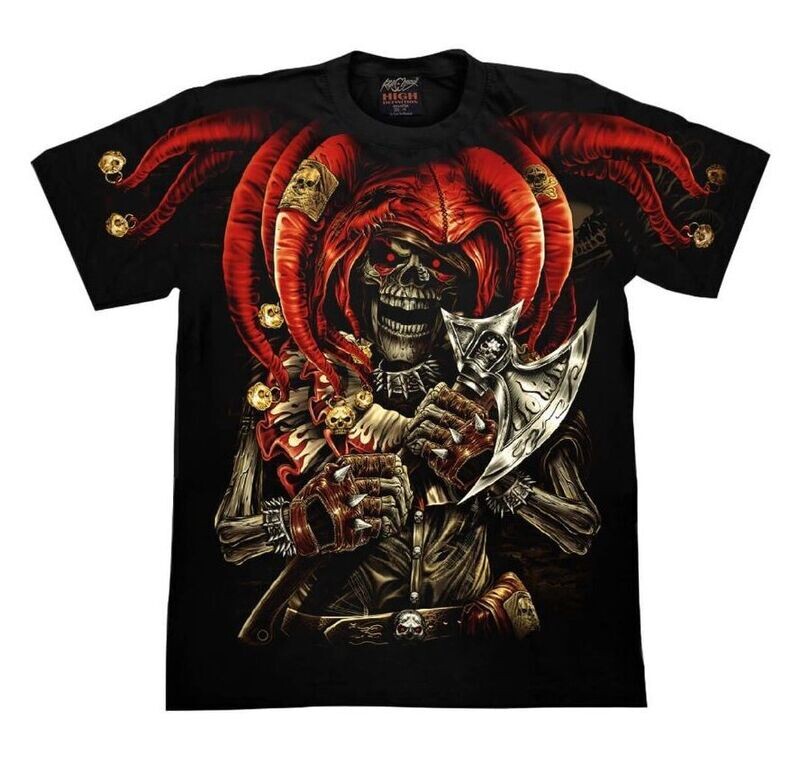 T-Shirt en HD - M - Un Buffon Guerrier avec sa Hache, et sa paire de Gant Mitaine avec ses Cloches sur son Chapeau Buffon Rouge.
