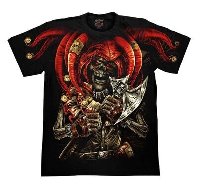 T-Shirt en HD - M - Un Buffon Guerrier avec sa Hache, et sa paire de Gant Mitaine avec ses Cloches sur son Chapeau Buffon Rouge.
