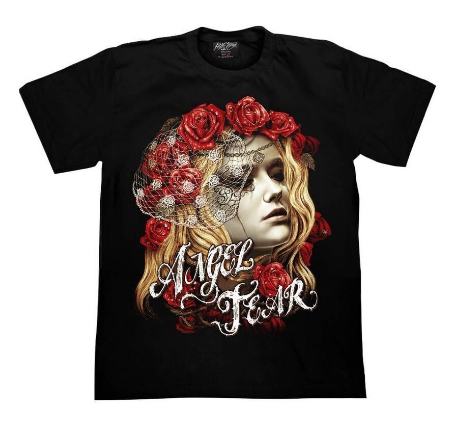 T-Shirt En 3D - S - Portrait d'une Girl Blonde "Angel Tear" Entourée de Roses Rouges dans sa Chevelure et de son Cou.​