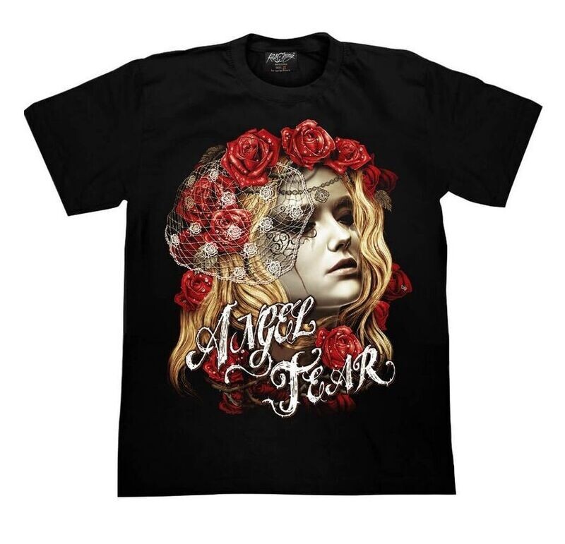 T-Shirt En 3D - S - Portrait d'une Girl Blonde "Angel Tear" Entourée de Roses Rouges dans sa Chevelure et de son Cou.​
