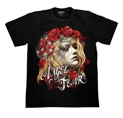 T-Shirt en 3D - L - Portrait d'une Girl Blonde "Angel Tear" Entourée de Roses Rouges dans sa Chevelure et de son Cou.