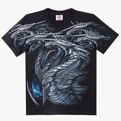 T-Shirt - XL - Portrait d'un Dragon aux Cinq Têtes Prêt à vous.... sous un Fond Bleu/Nuit  & Noir.