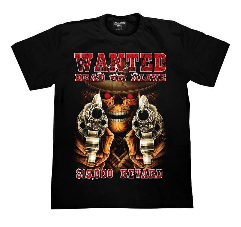 T-Shirt en 3D - XL - Portrait d'un Cow-Boy avec un Chapeau je suis T-Shirt en 3D - XL - Portrait d'un Cow-Boy avec un Chapeau je suis "Wanted" et je vous Pointe deux Revolvers dans le Cas d'un Faux Pas - "Wanted Dead Or Alive"avec un Piercing au Nez et Rivets.