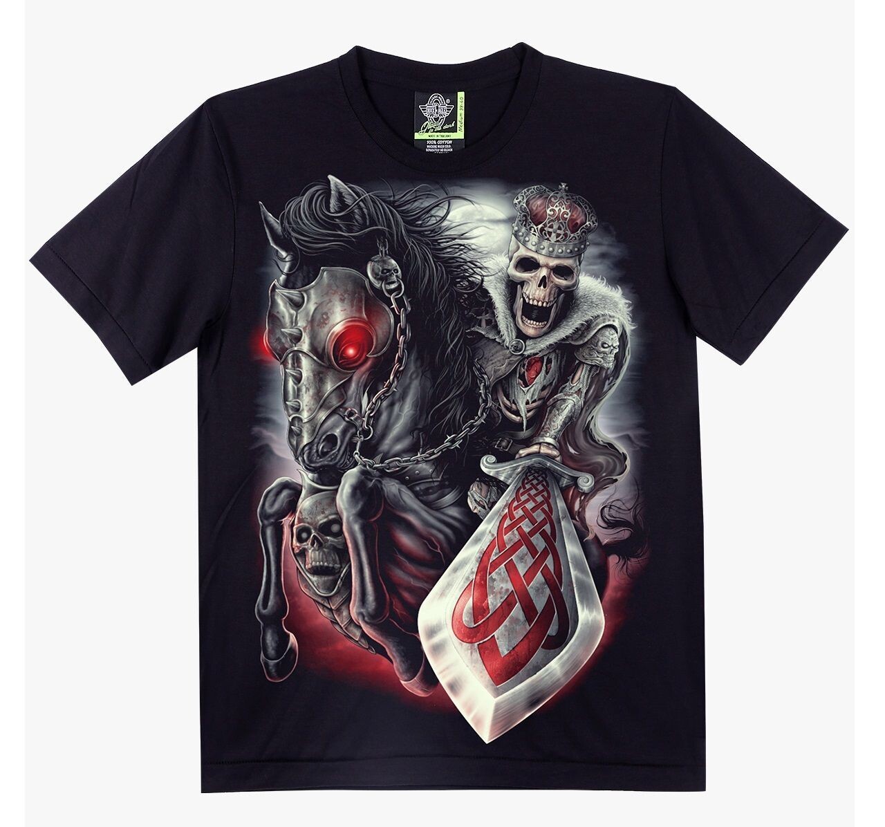 T-Shirt - 2XL - Un Chevalier sur sa Monture Noire Brandi son Épée pour Combattre ses ennemis sur fond Bleu/rouge/Noir