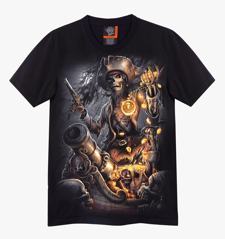 T-Shirt - L - Un Pirate Tire au Canon Armé d'un Pistolet, sur son Navire et Multiple Collier en Or et de Pièces D'Or