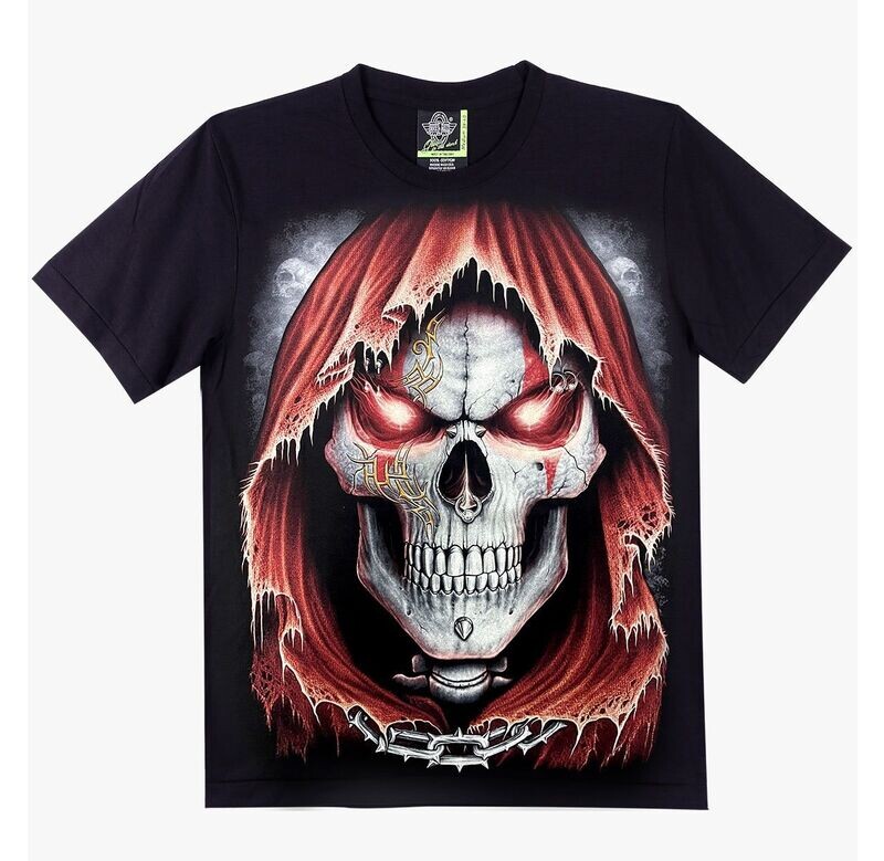 T-Shirt - M - Portrait d'une Faucheuse avec Capuche en Rouge, un Crâne Blanc & des Yeux Rouge et une Chaîne au tour du Cou.