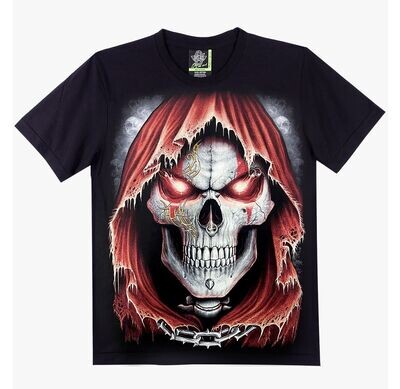 T-Shirt - XL - Portrait d'une Faucheuse avec Capuche en Rouge, un Crâne Blanc & des Yeux Rouge et une Chaîne au tour du Cou.